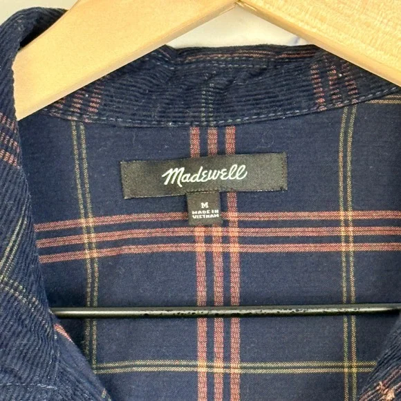 Madewell Corduroy Plaid Button Down Shirt Navy Blue Brown Womens Medium - Picture 3 of 3
